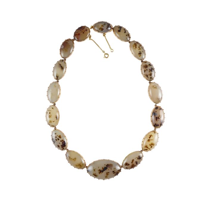 Graduated moss agate and gold collet necklace, the cabochon cut stones of oval-navette shape | MasterArt